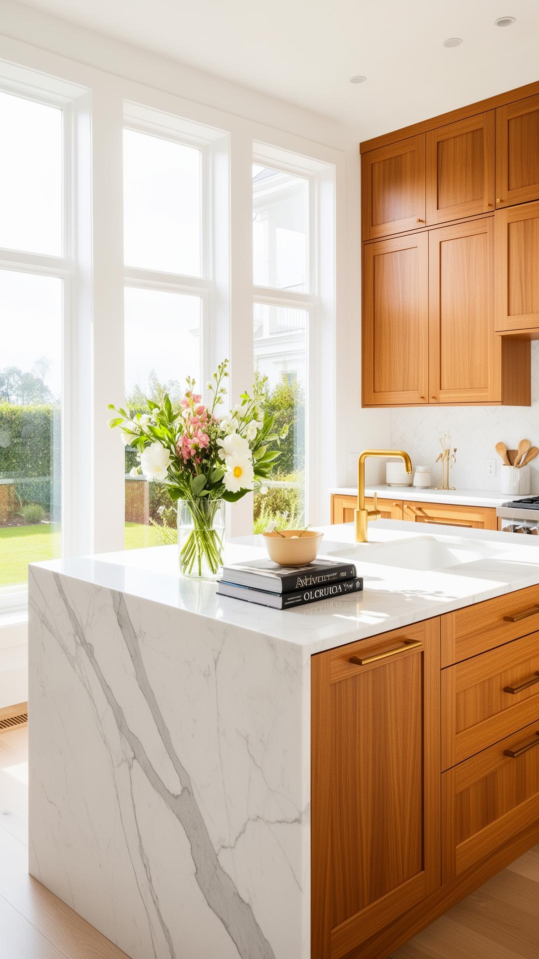 Bright luxury kitchen with marble island and natural light
