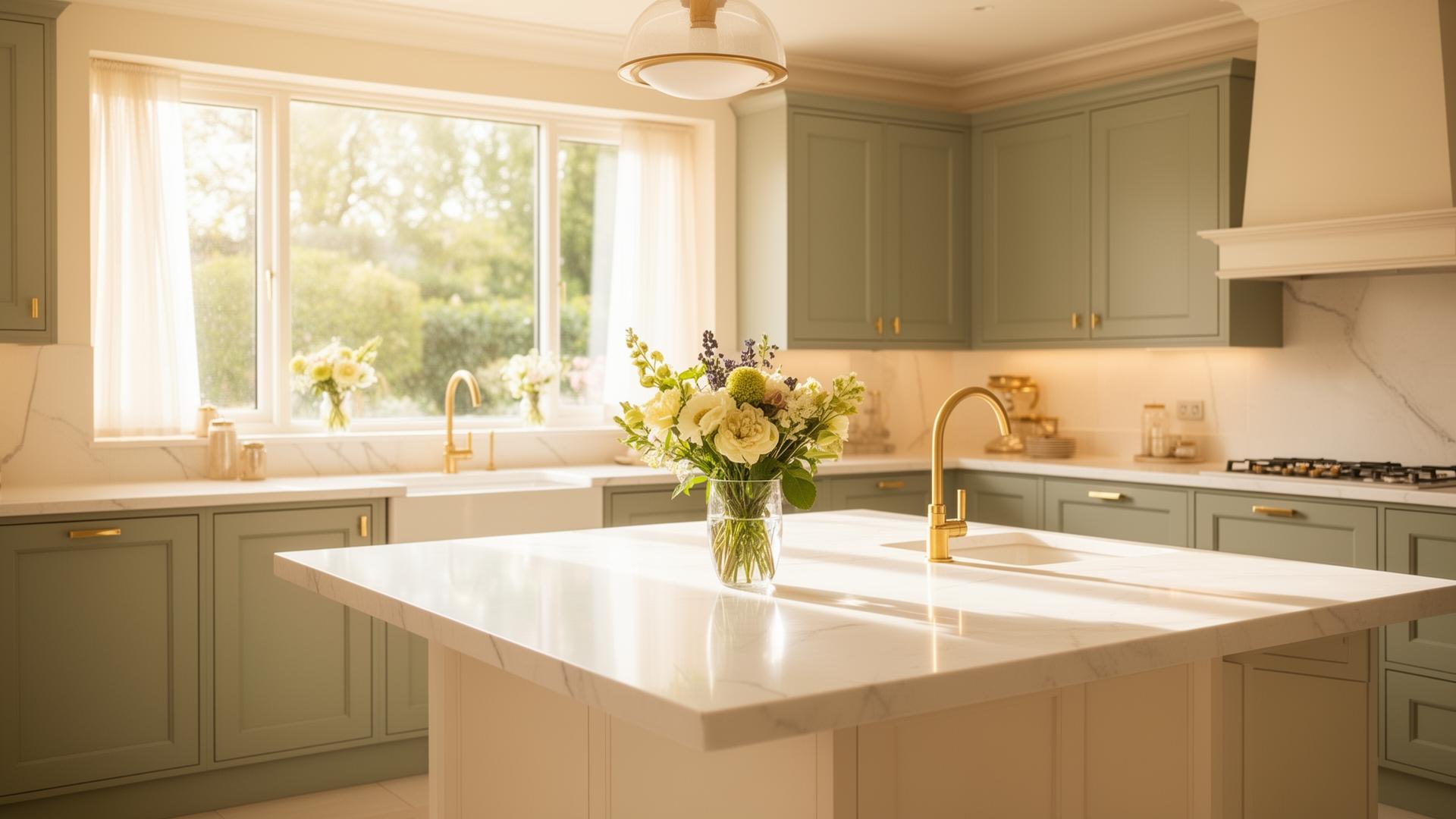 Bright luxury kitchen with marble island and natural light